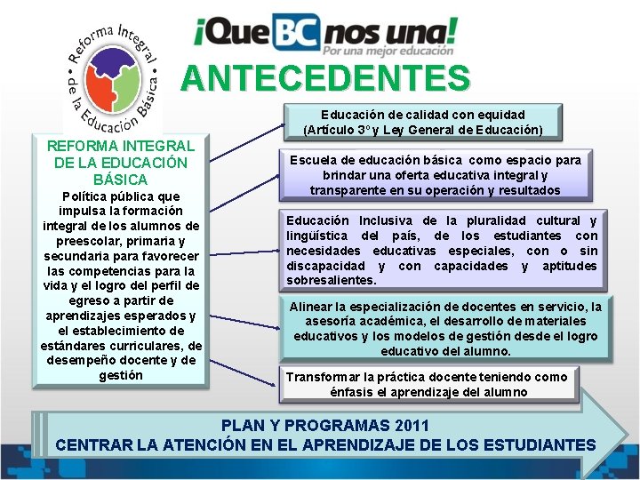 ANTECEDENTES Educación de calidad con equidad (Artículo 3º y Ley General de Educación) REFORMA