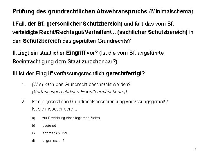 Prüfung des grundrechtlichen Abwehranspruchs (Minimalschema) I. Fällt der Bf. (persönlicher Schutzbereich( und fällt das