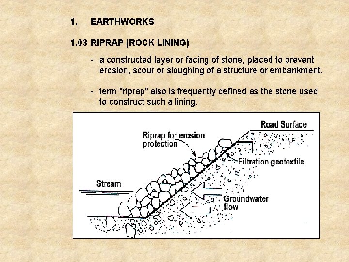 1. EARTHWORKS 1. 03 RIPRAP (ROCK LINING) - a constructed layer or facing of