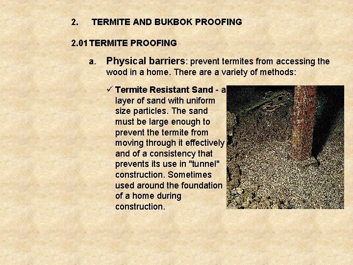 2. TERMITE AND BUKBOK PROOFING 2. 01 TERMITE PROOFING a. Physical barriers: prevent termites