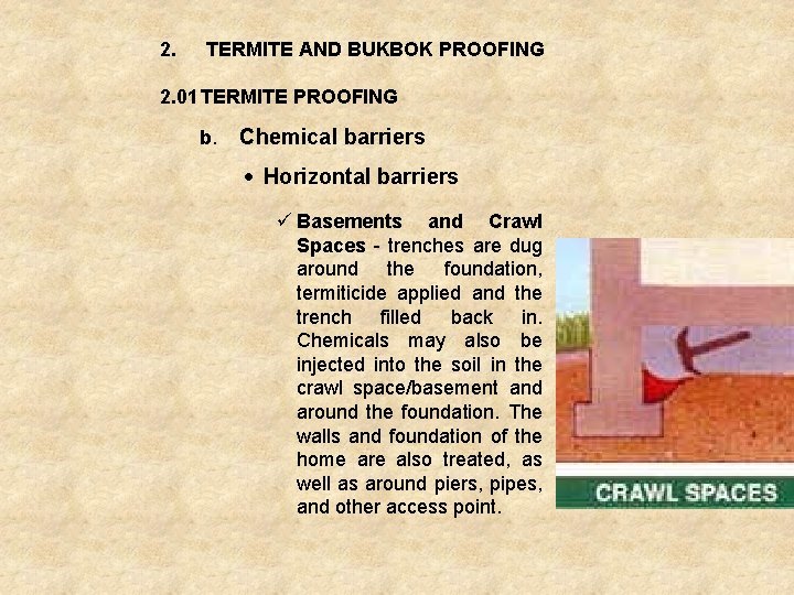 2. TERMITE AND BUKBOK PROOFING 2. 01 TERMITE PROOFING b. Chemical barriers Horizontal barriers