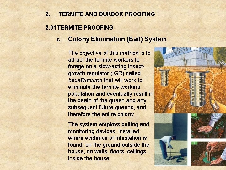 2. TERMITE AND BUKBOK PROOFING 2. 01 TERMITE PROOFING c. Colony Elimination (Bait) System