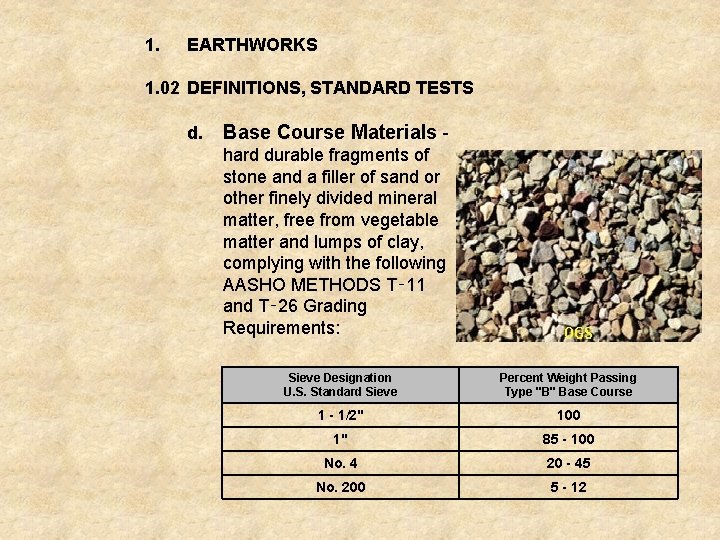 1. EARTHWORKS 1. 02 DEFINITIONS, STANDARD TESTS d. Base Course Materials - hard durable