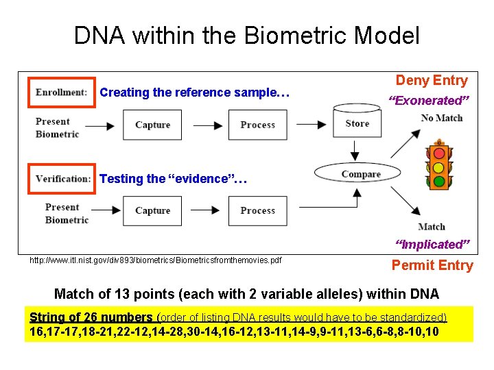 DNA within the Biometric Model Creating the reference sample… Deny Entry “Exonerated” Testing the
