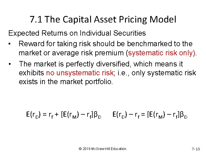 7. 1 The Capital Asset Pricing Model Expected Returns on Individual Securities • Reward