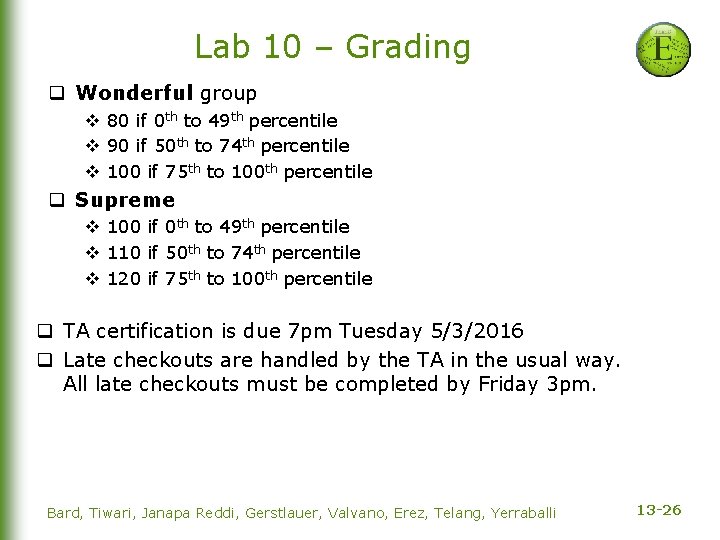 Lab 10 – Grading q Wonderful group v 80 if 0 th to 49