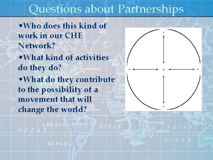 Questions about Partnerships • Who does this kind of work in our CHE Network?