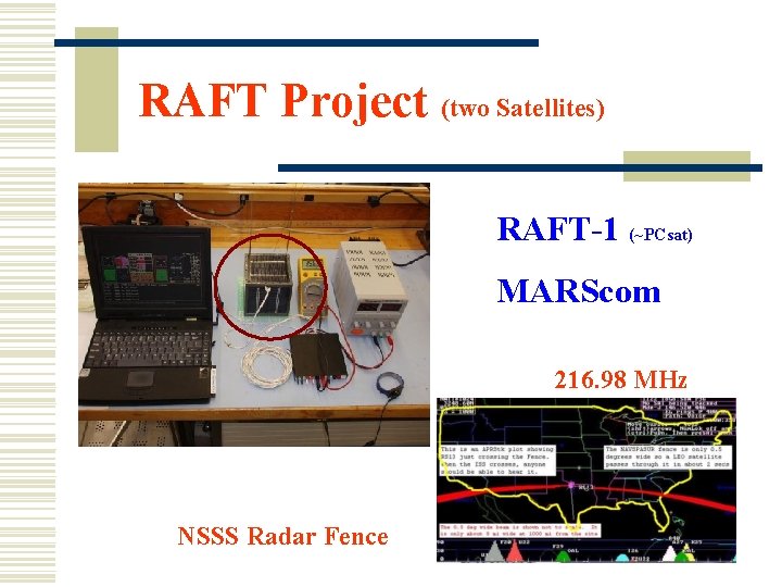 RAFT Project (two Satellites) RAFT-1 (~PCsat) MARScom 216. 98 MHz NSSS Radar Fence 