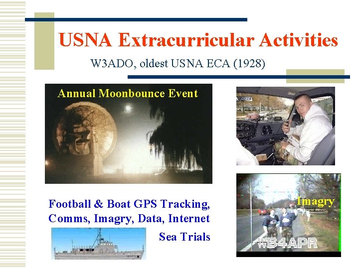 USNA Extracurricular Activities W 3 ADO, oldest USNA ECA (1928) Annual Moonbounce Event Football