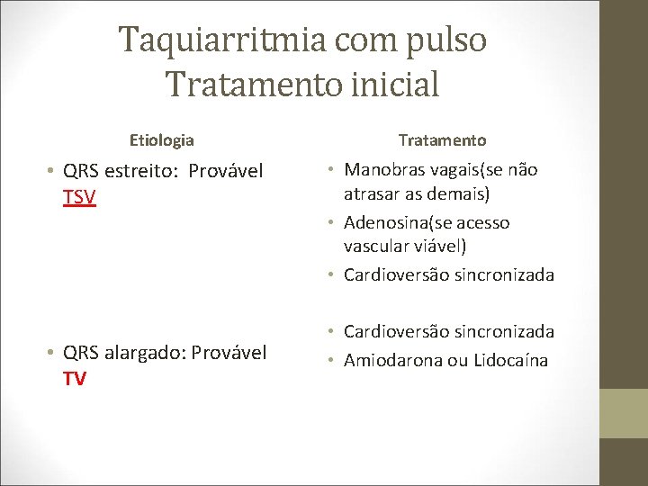 Taquiarritmia com pulso Tratamento inicial Etiologia Tratamento • QRS estreito: Provável TSV • Manobras