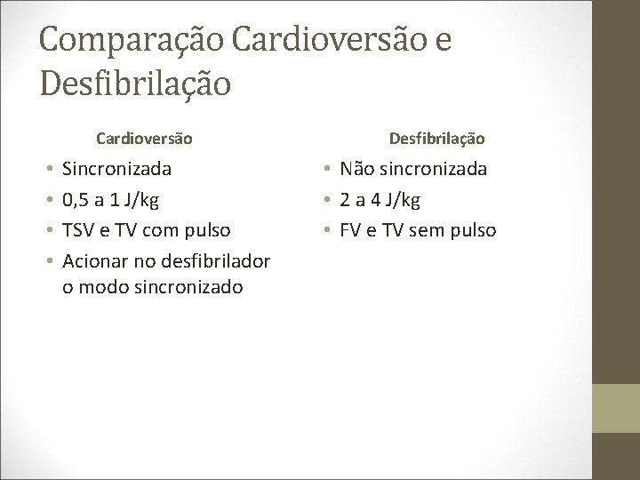 Comparação Cardioversão e Desfibrilação Cardioversão • • Sincronizada 0, 5 a 1 J/kg TSV