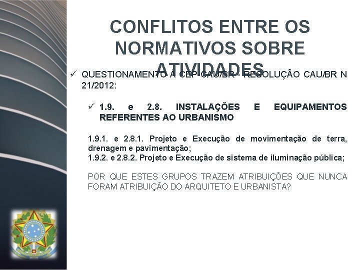 CONFLITOS ENTRE OS NORMATIVOS SOBRE ATIVIDADES ü QUESTIONAMENTO À CEP-CAU/BR - RESOLUÇÃO CAU/BR N