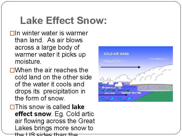 Lake Effect Snow: �In winter water is warmer than land. As air blows across