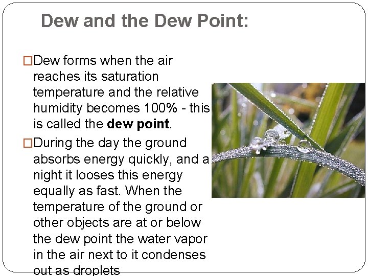 Dew and the Dew Point: �Dew forms when the air reaches its saturation temperature