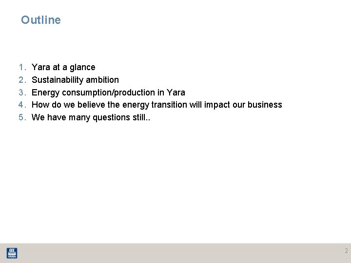 Outline 1. 2. 3. 4. 5. Yara at a glance Sustainability ambition Energy consumption/production