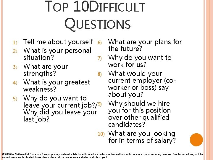 TOP 10 DIFFICULT QUESTIONS 1) 2) 3) 4) 5) Tell me about yourself 6)