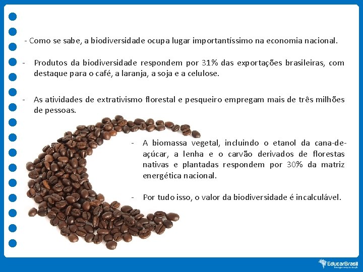 - Como se sabe, a biodiversidade ocupa lugar importantíssimo na economia nacional. - Produtos