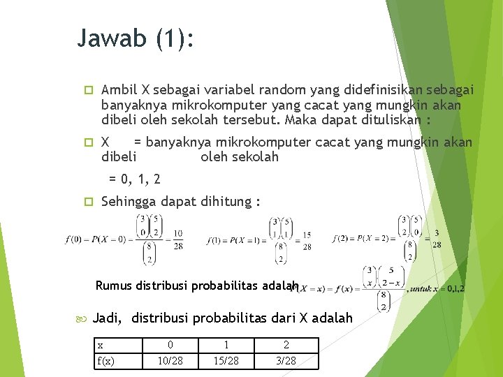 Jawab (1): Ambil X sebagai variabel random yang didefinisikan sebagai banyaknya mikrokomputer yang cacat