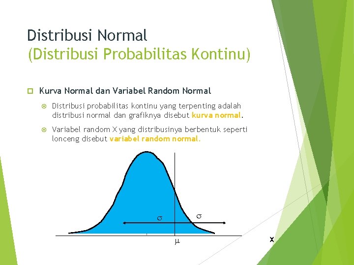 Distribusi Normal (Distribusi Probabilitas Kontinu) Kurva Normal dan Variabel Random Normal Distribusi probabilitas kontinu