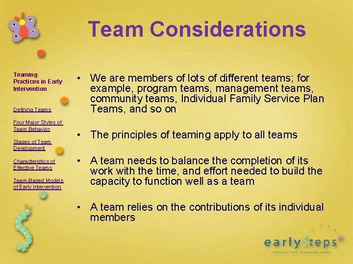 Team Considerations Teaming Practices in Early Intervention Defining Teams Four Major Styles of Team Team Considerations Teaming Practices in Early Intervention Defining Teams Four Major Styles of Team