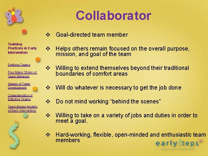 Collaborator v Goal-directed team member Teaming Practices in Early Intervention Defining Teams v Helps Collaborator v Goal-directed team member Teaming Practices in Early Intervention Defining Teams v Helps
