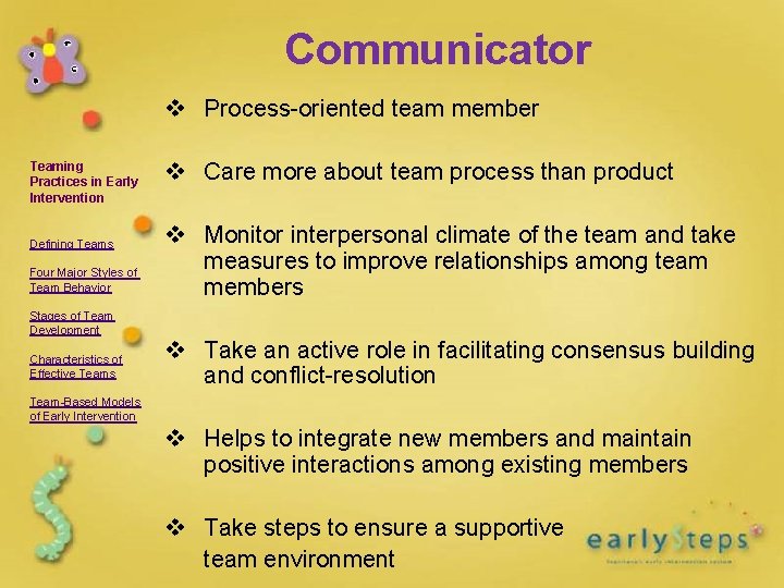 Communicator v Process-oriented team member Teaming Practices in Early Intervention Defining Teams Four Major Communicator v Process-oriented team member Teaming Practices in Early Intervention Defining Teams Four Major