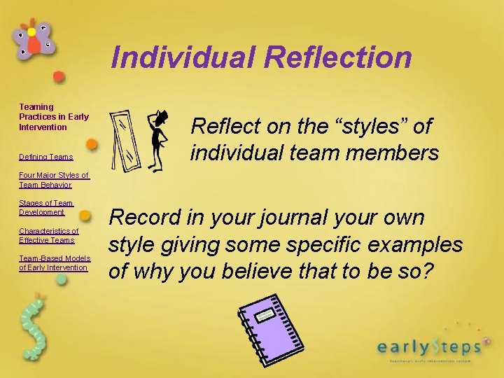 Individual Reflection Teaming Practices in Early Intervention Defining Teams Reflect on the “styles” of Individual Reflection Teaming Practices in Early Intervention Defining Teams Reflect on the “styles” of
