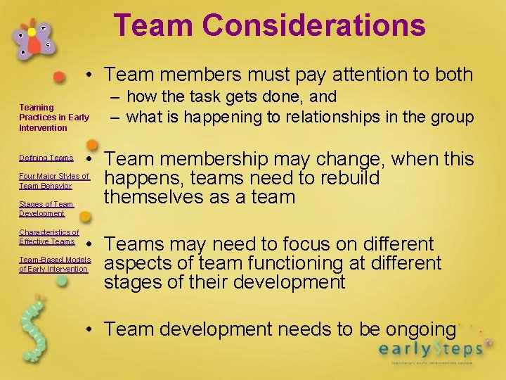 Team Considerations • Team members must pay attention to both Teaming Practices in Early Team Considerations • Team members must pay attention to both Teaming Practices in Early