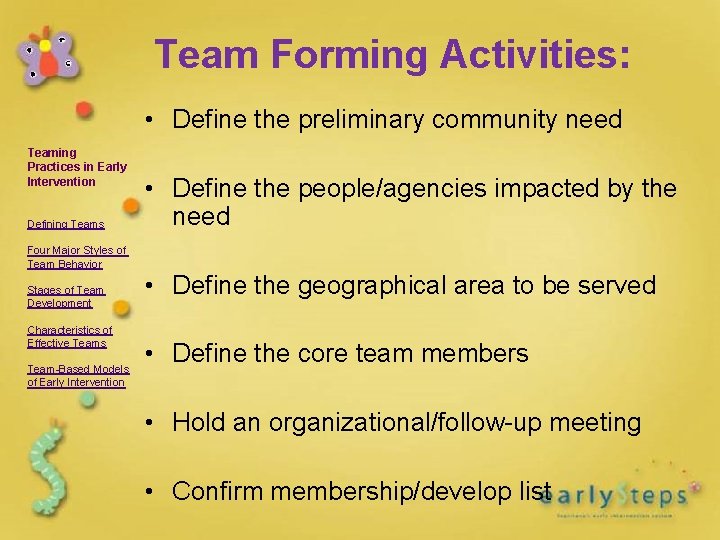 Team Forming Activities: • Define the preliminary community need Teaming Practices in Early Intervention Team Forming Activities: • Define the preliminary community need Teaming Practices in Early Intervention