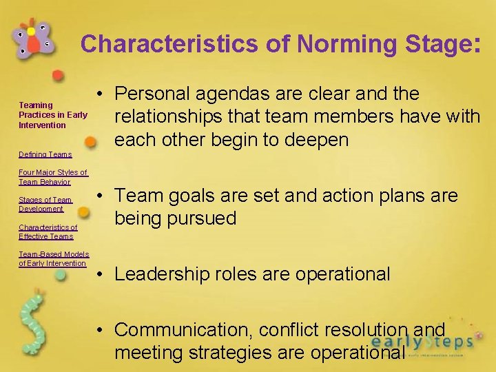 Characteristics of Norming Stage: Teaming Practices in Early Intervention • Personal agendas are clear Characteristics of Norming Stage: Teaming Practices in Early Intervention • Personal agendas are clear