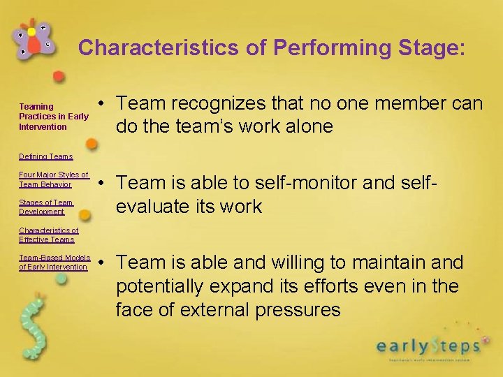 Characteristics of Performing Stage: Teaming Practices in Early Intervention • Team recognizes that no Characteristics of Performing Stage: Teaming Practices in Early Intervention • Team recognizes that no