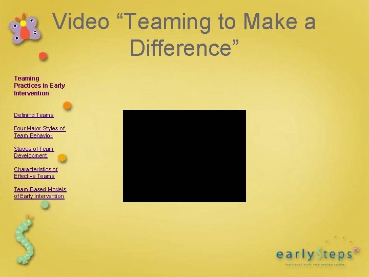 Video “Teaming to Make a Difference” Teaming Practices in Early Intervention Defining Teams Four Video “Teaming to Make a Difference” Teaming Practices in Early Intervention Defining Teams Four