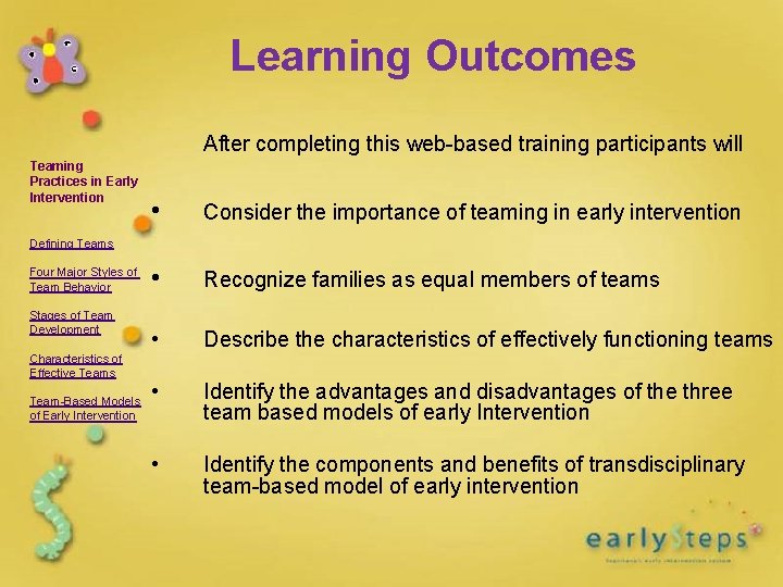 Learning Outcomes After completing this web-based training participants will Teaming Practices in Early Intervention Learning Outcomes After completing this web-based training participants will Teaming Practices in Early Intervention