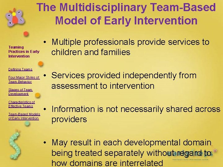 The Multidisciplinary Team-Based Model of Early Intervention Teaming Practices in Early Intervention Defining Teams The Multidisciplinary Team-Based Model of Early Intervention Teaming Practices in Early Intervention Defining Teams