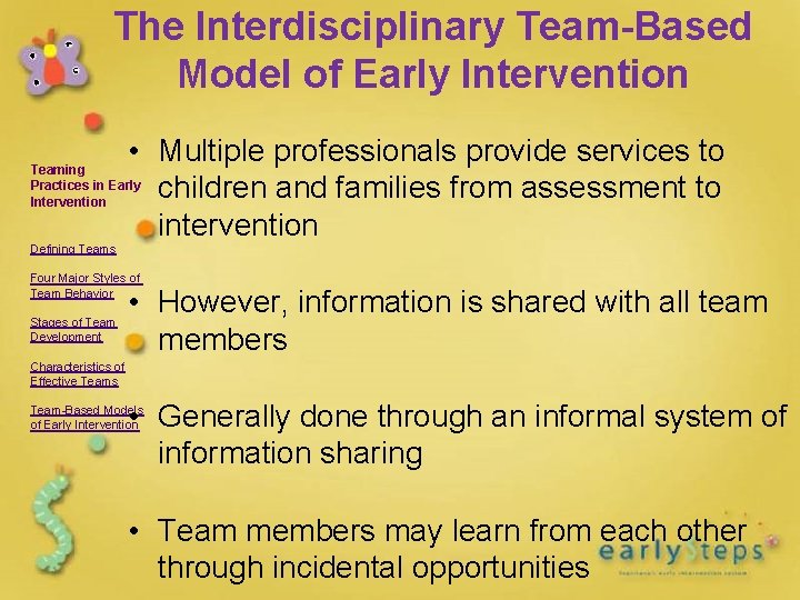 The Interdisciplinary Team-Based Model of Early Intervention • Multiple professionals provide services to children The Interdisciplinary Team-Based Model of Early Intervention • Multiple professionals provide services to children