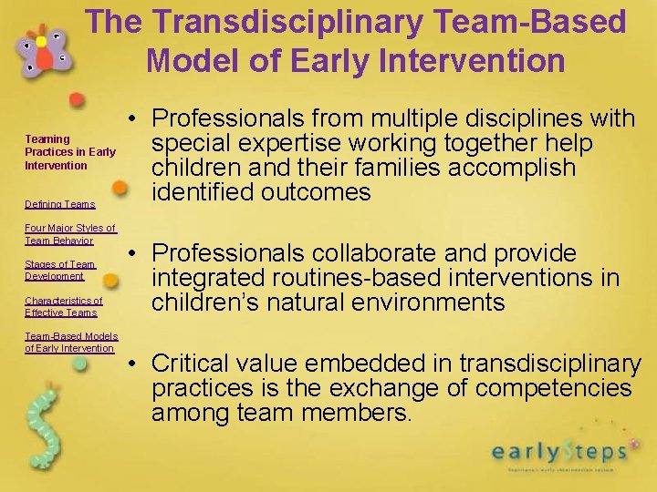 The Transdisciplinary Team-Based Model of Early Intervention Teaming Practices in Early Intervention Defining Teams The Transdisciplinary Team-Based Model of Early Intervention Teaming Practices in Early Intervention Defining Teams