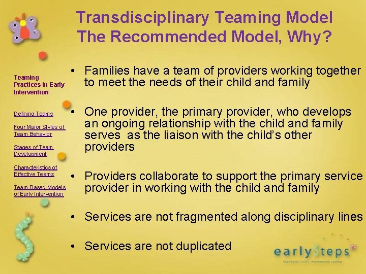 Transdisciplinary Teaming Model The Recommended Model, Why? Teaming Practices in Early Intervention Defining Teams Transdisciplinary Teaming Model The Recommended Model, Why? Teaming Practices in Early Intervention Defining Teams
