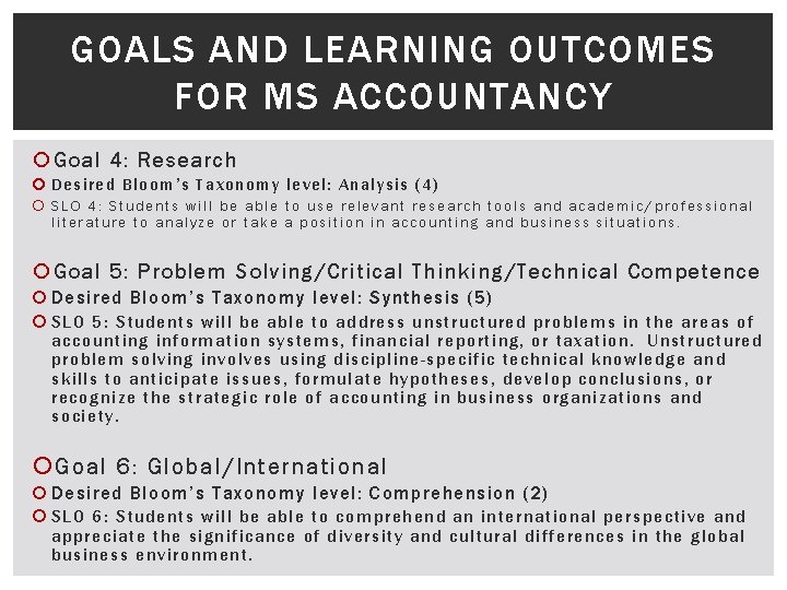 GOALS AND LEARNING OUTCOMES FOR MS ACCOUNTANCY Goal 4: Research Desired Blo om’ s