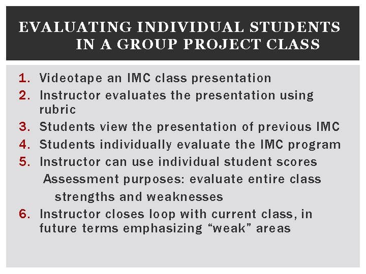 EVALUATING INDIVIDUAL STUDENTS IN A GROUP PROJECT CLASS 1. Videotape an IMC class presentation