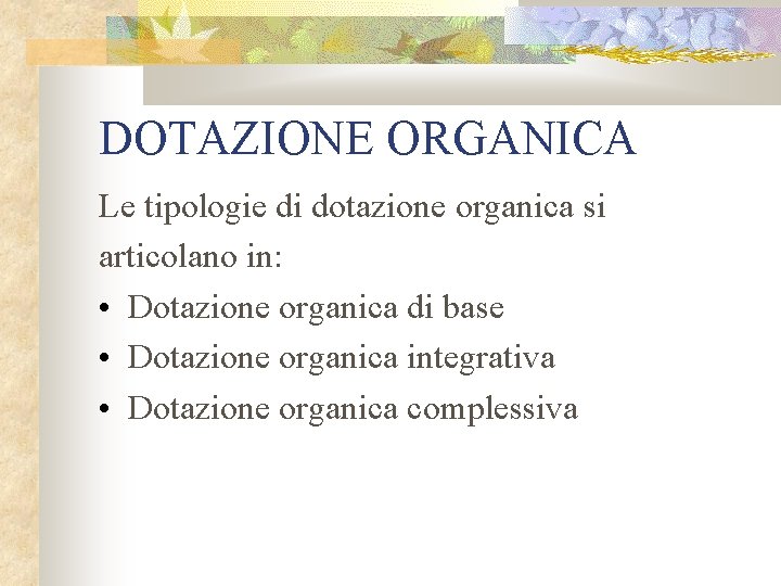 DOTAZIONE ORGANICA Le tipologie di dotazione organica si articolano in: • Dotazione organica di