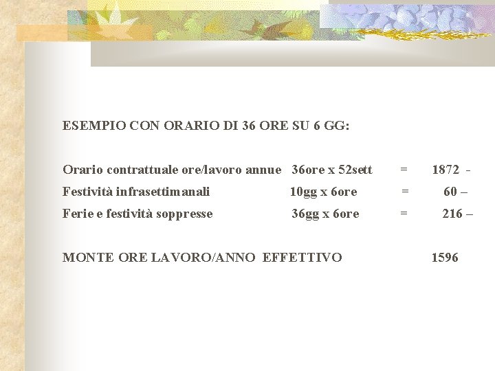 ESEMPIO CON ORARIO DI 36 ORE SU 6 GG: Orario contrattuale ore/lavoro annue 36