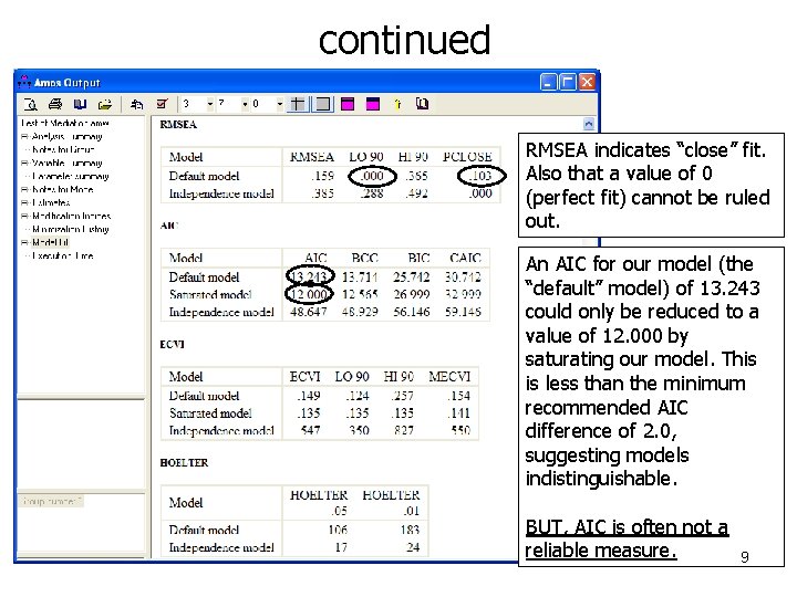 continued RMSEA indicates “close” fit. Also that a value of 0 (perfect fit) cannot