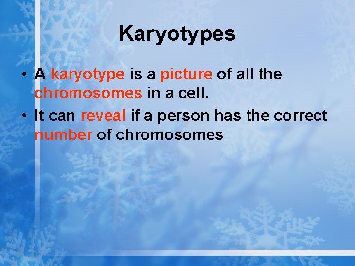 Karyotypes • A karyotype is a picture of all the chromosomes in a cell.