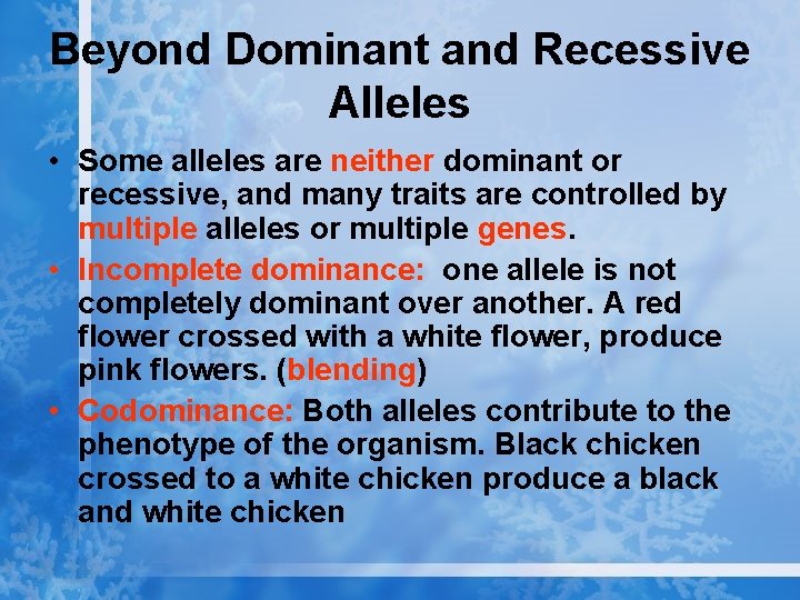 Beyond Dominant and Recessive Alleles • Some alleles are neither dominant or recessive, and