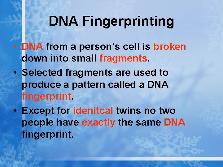 DNA Fingerprinting • DNA from a person’s cell is broken down into small fragments.