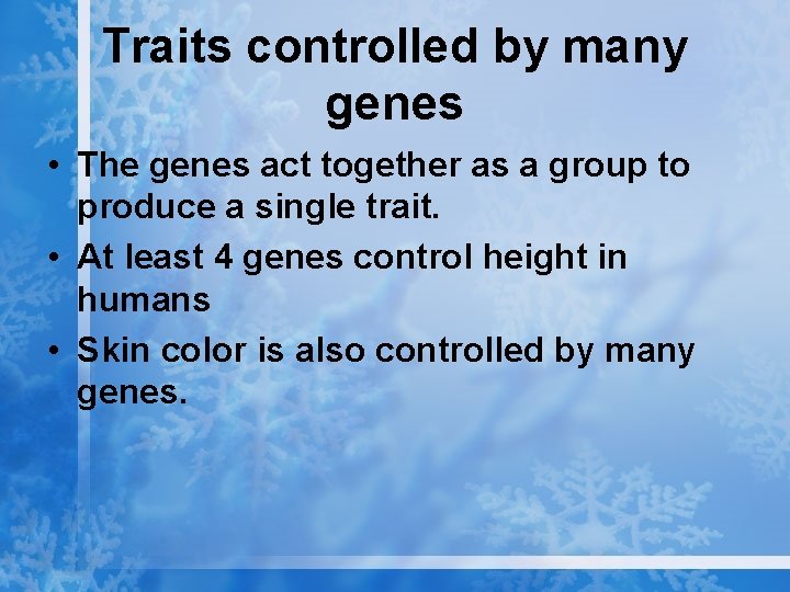 Traits controlled by many genes • The genes act together as a group to