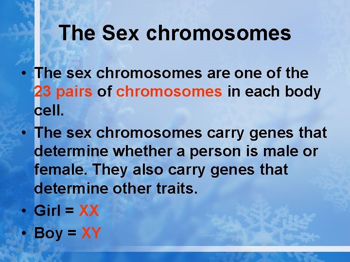 The Sex chromosomes • The sex chromosomes are one of the 23 pairs of