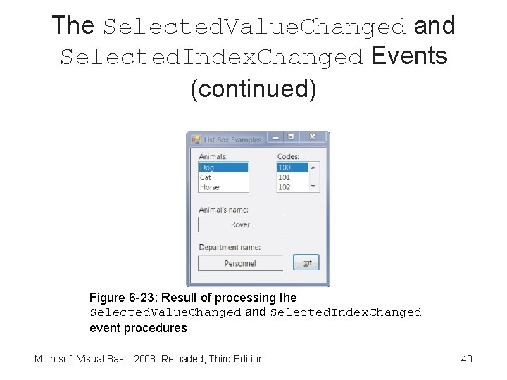 The Selected. Value. Changed and Selected. Index. Changed Events (continued) Figure 6 -23: Result