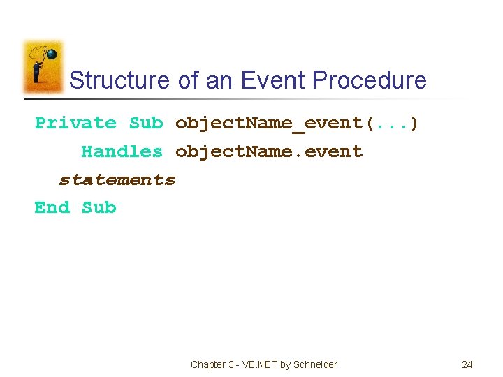 Structure of an Event Procedure Private Sub object. Name_event(. . . ) Handles object.