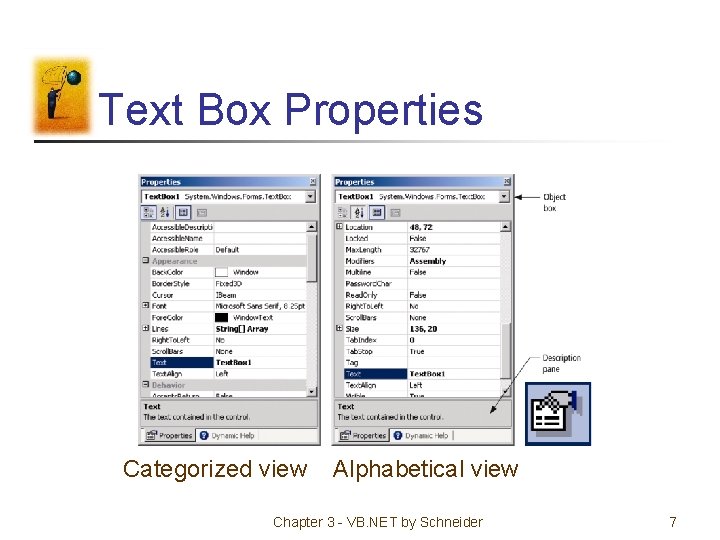 Text Box Properties Categorized view Alphabetical view Chapter 3 - VB. NET by Schneider